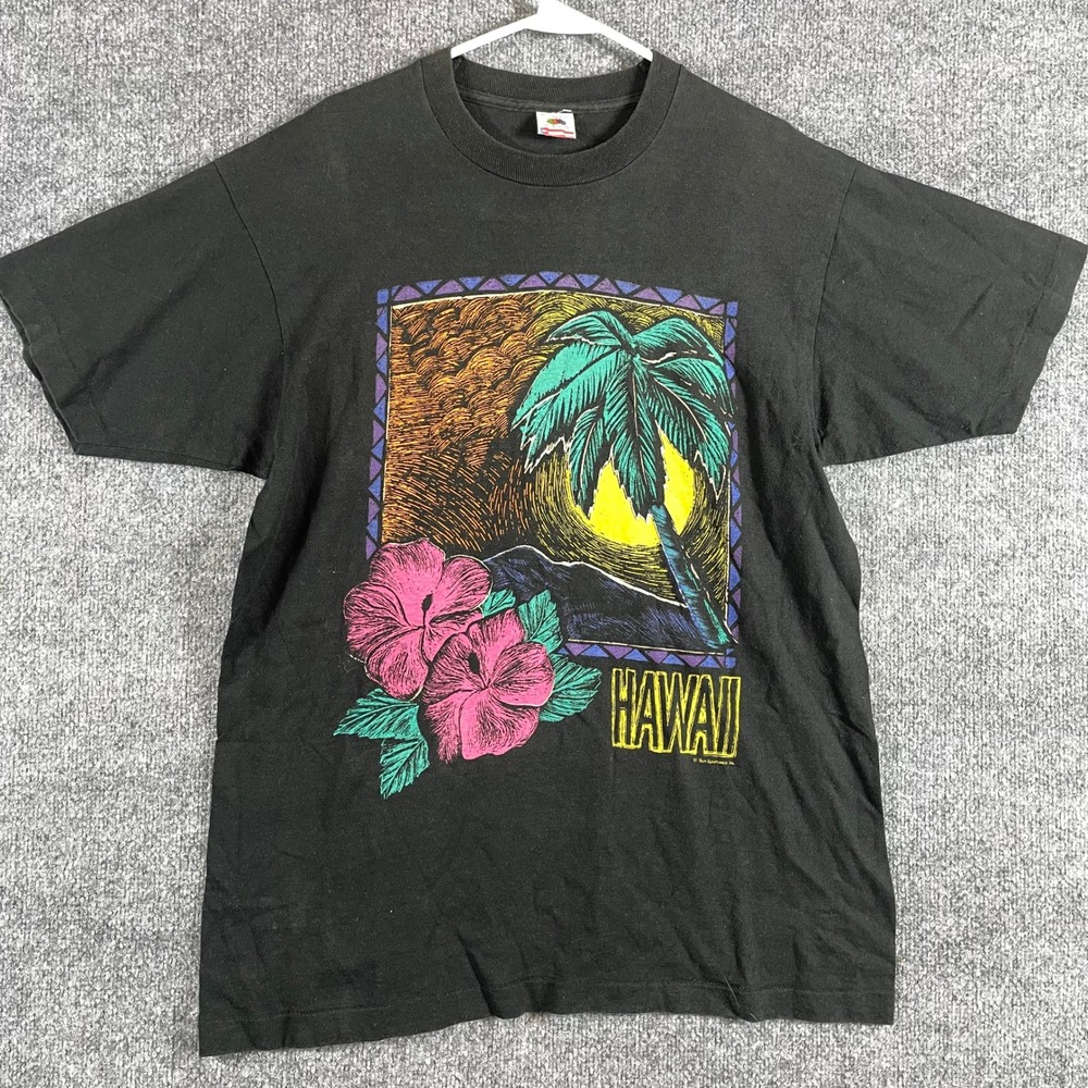VTG Fruit of the Loom T Shirt Mens XL Black Hawaii Surf Single Stitch 90s Retro
